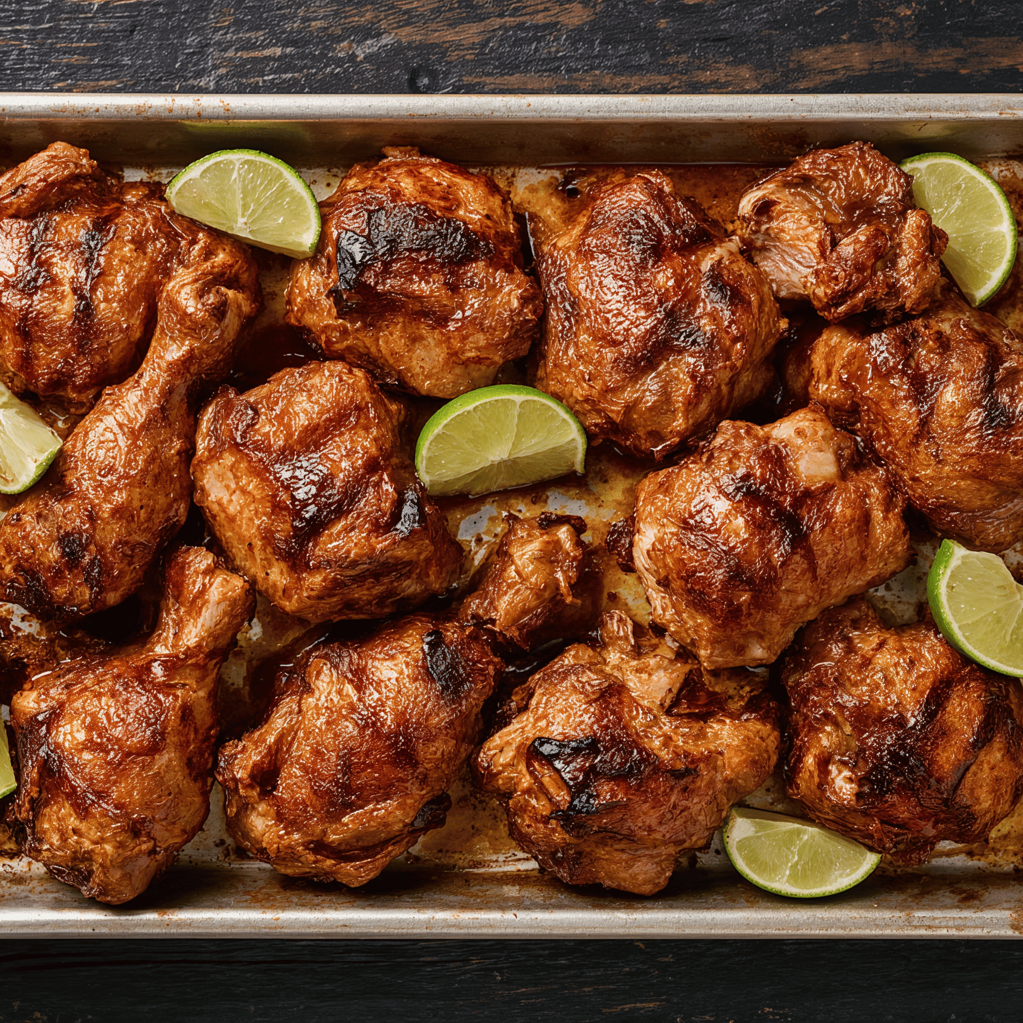 Roasted chicken thighs and drumsticks with lime wedges on a baking tray
